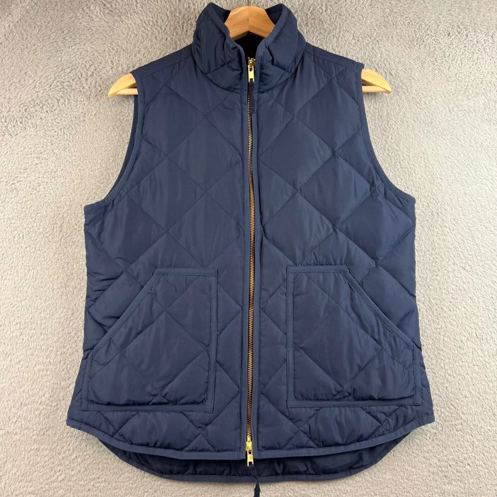 J.Crew Excursion Quilted Down Vest Navy Blue Womens Small Full Zip Gold Hardware